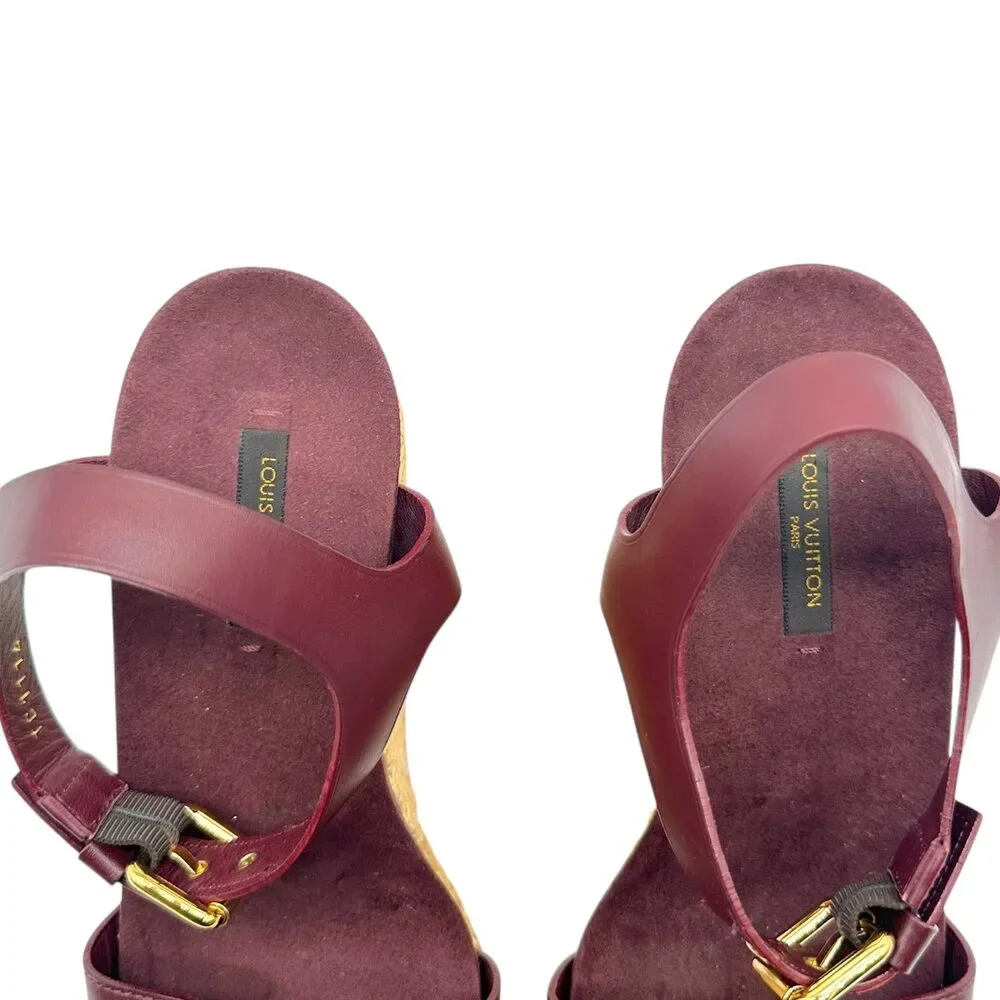 Louis Vuitton Raffia Logo & Burgundy Leather Platform Wedge Sandals - Picture 5 of 10